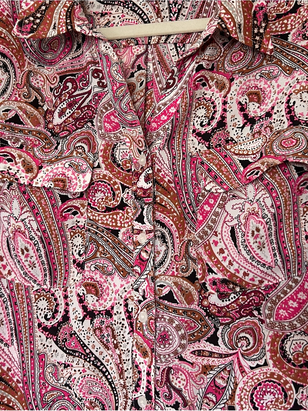 Talbots XL Pink Brown Paisley Long-Sleeve Button Blouse Collar chest pockets - Picture 3 of 6